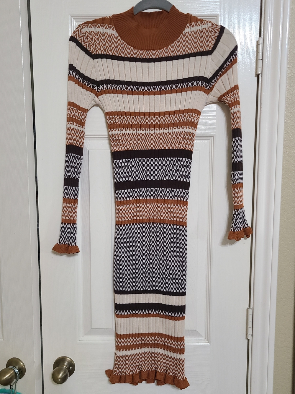 Striped Ribbed Knit Midi Dress in Rust, Cream & Brown